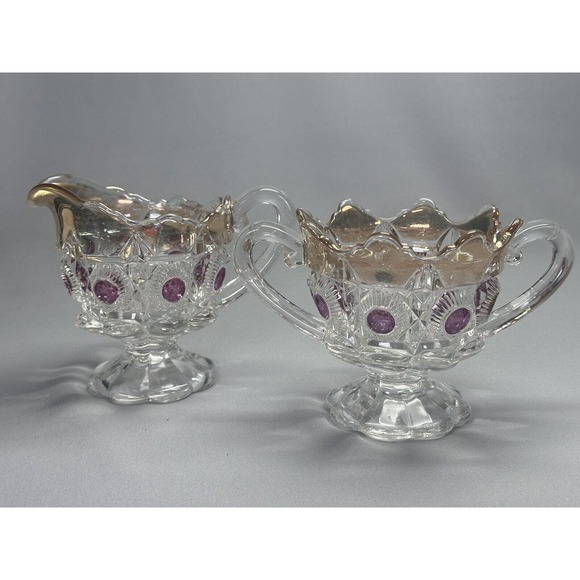 EAPG U.S. Glass Newport Bulls Eye & Daisy Gilded Ruby Stain Cream Sugar Set - Picture 2 of 7